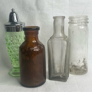 Antique Glass Lot Amber Lysol Bottle Hobnail Green Shaker Russian Medicine Jars